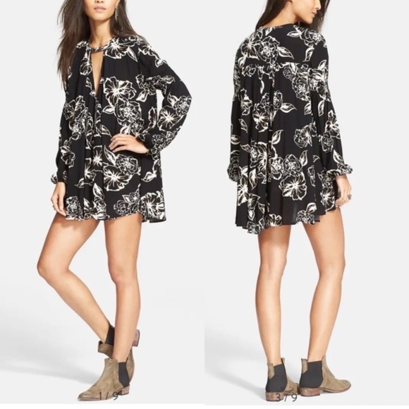 Free People | Black Floral Crepe Long Sleeve Snap To It Swing Tunic Dress, Small - Picture 4 of 10